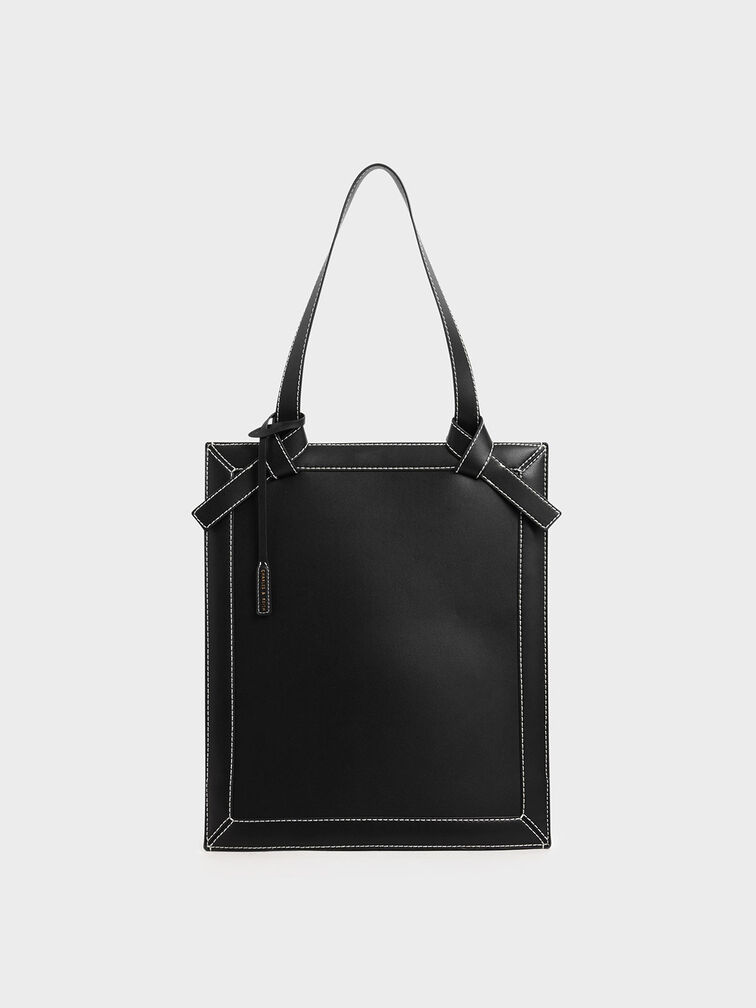 Large Knot Handle Elongated Tote, Black, hi-res