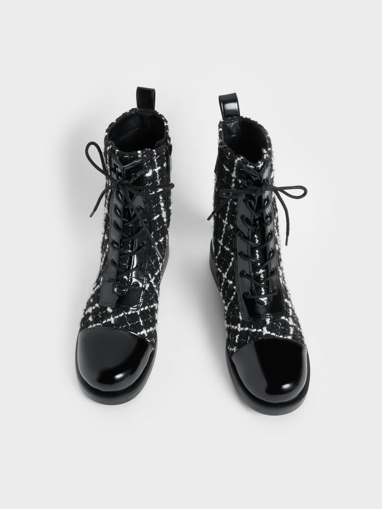 Tweed & Patent Combat Boots, Black Textured, hi-res