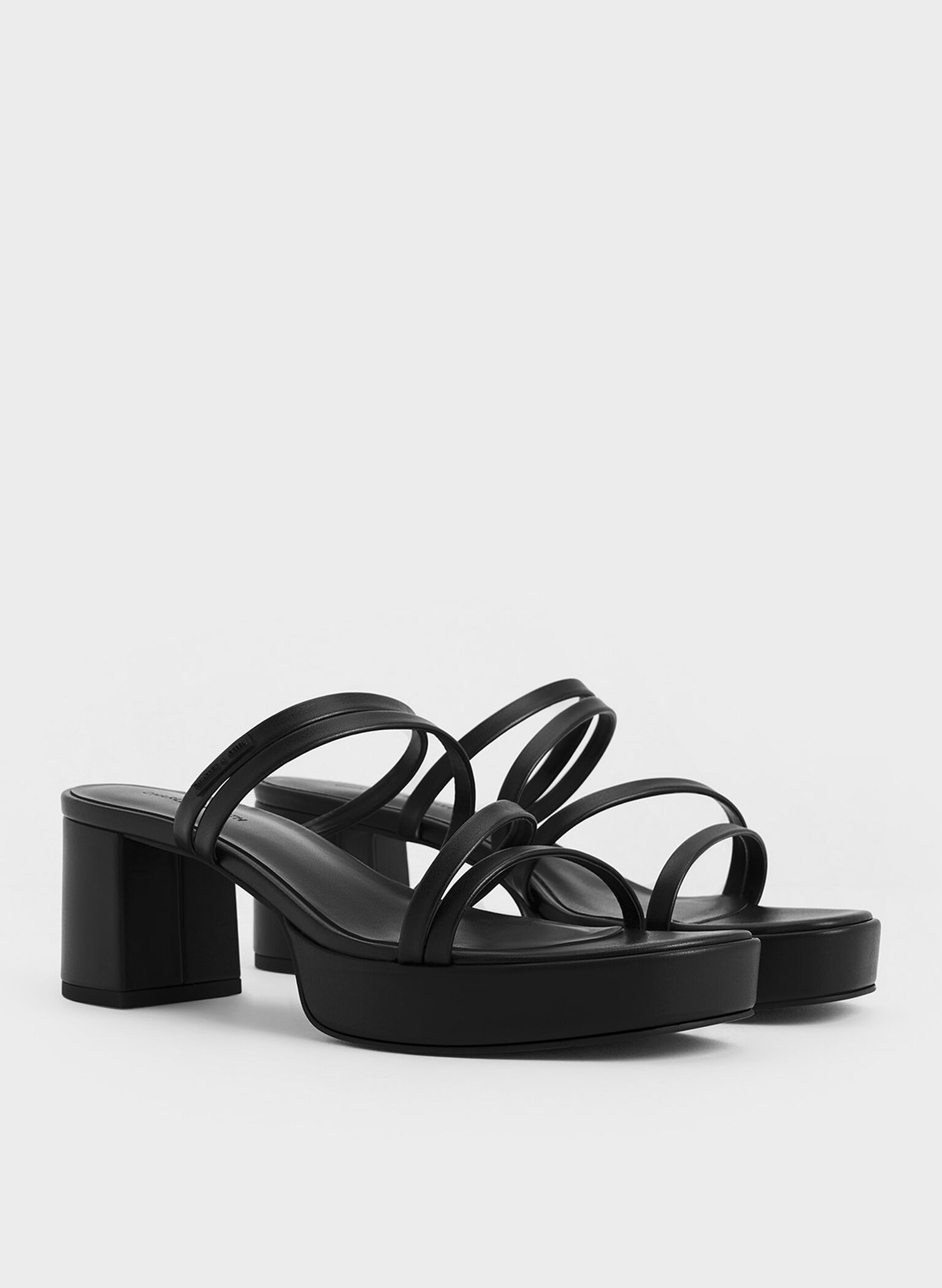 Mules de tiras con tacón trapecio, Negro, hi-res