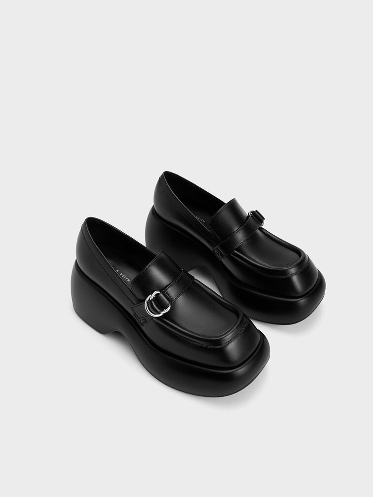 Buckled Platform Penny Loafers, Black, hi-res