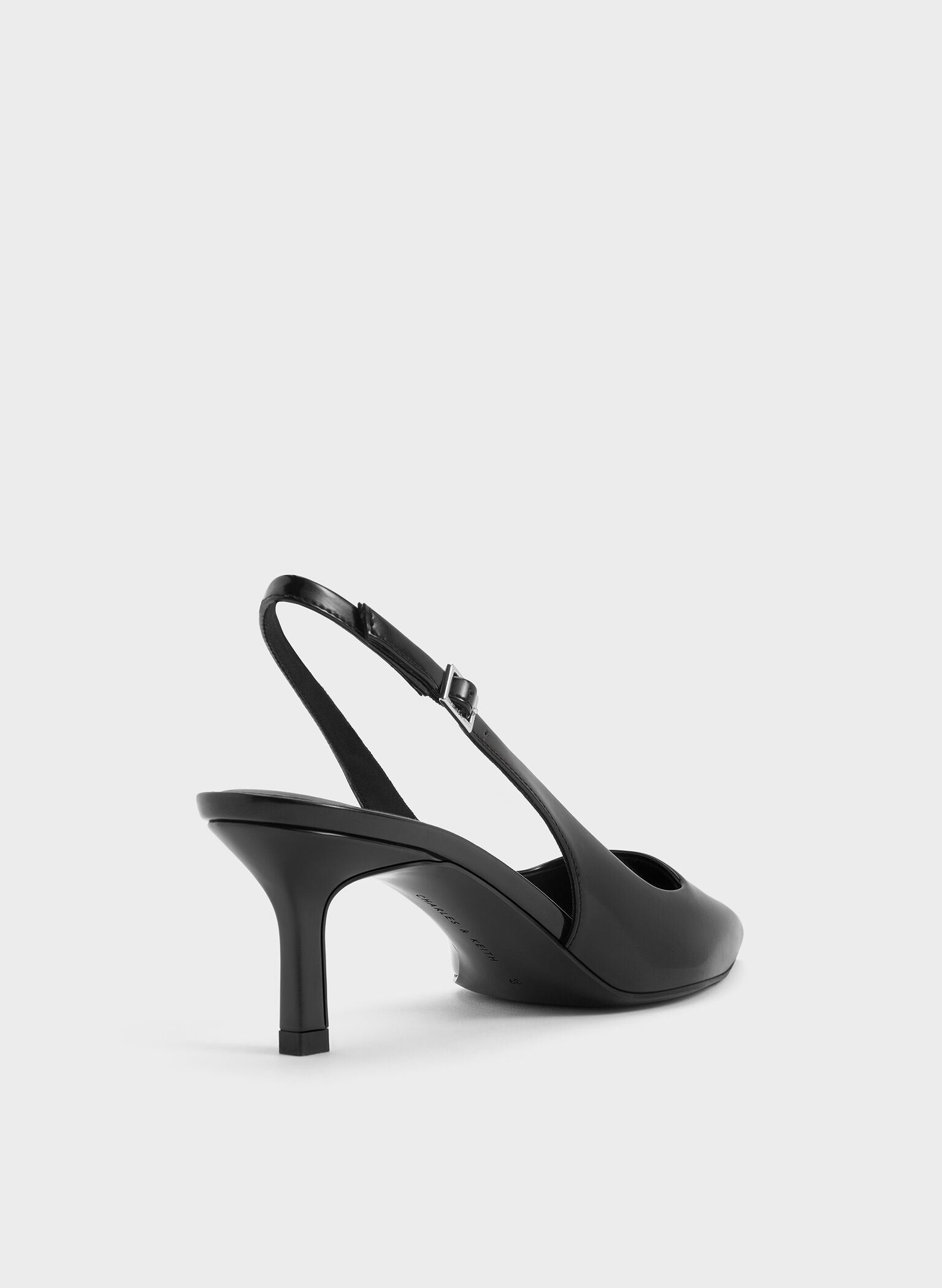 Pointed-Toe Kitten-Heel Slingback Pumps, Negro pulido, hi-res