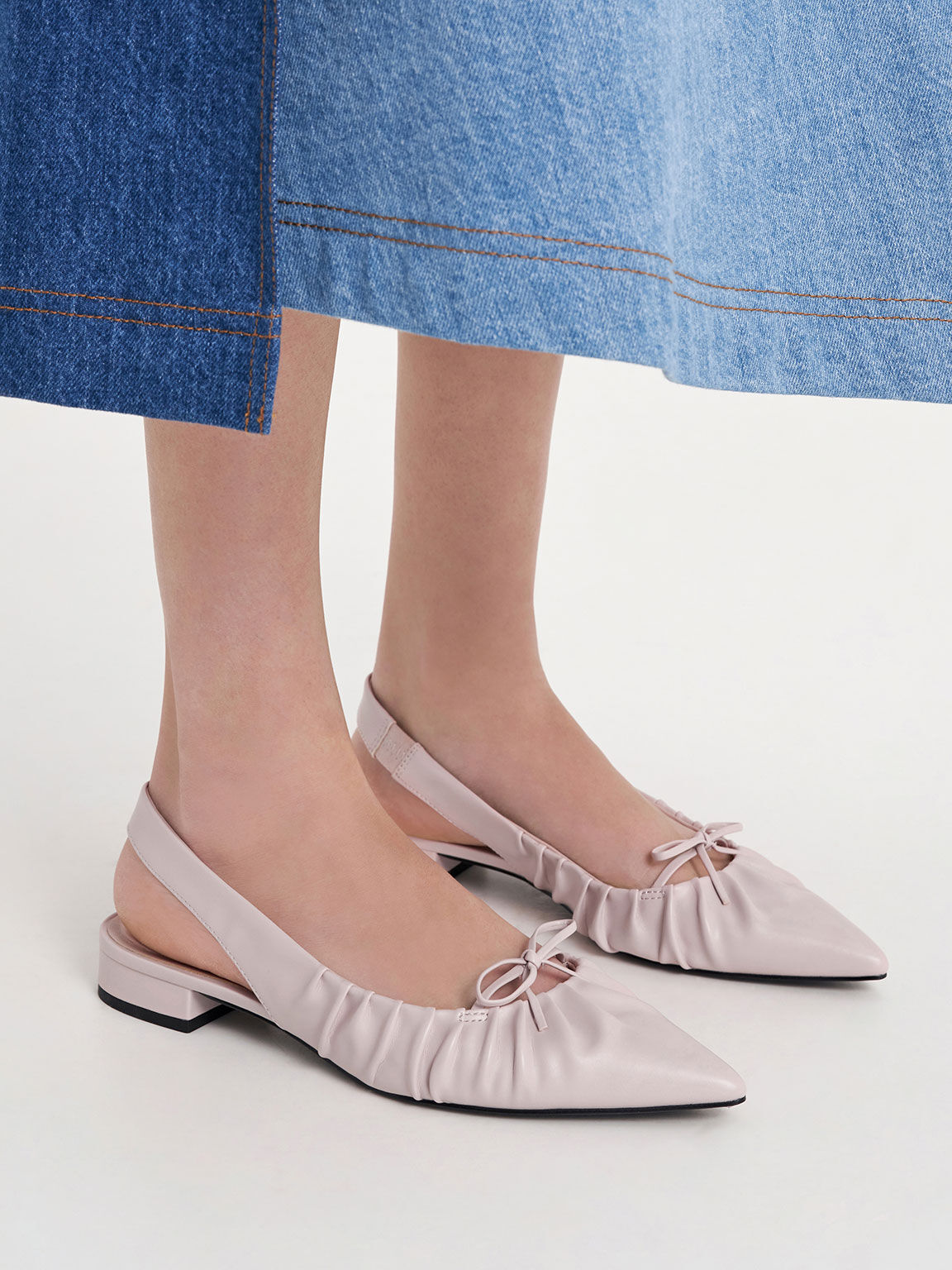 Zapatos Planos Destalonados Efecto Arrugado con Moño, Blush, hi-res