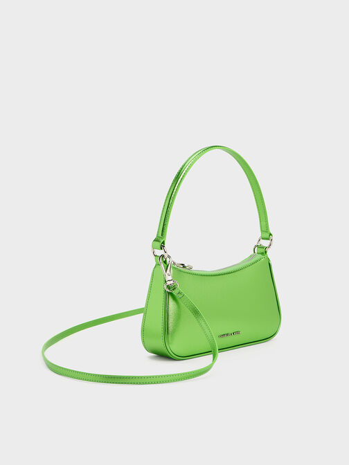 Metallic Curved Shoulder Bag, Green, hi-res