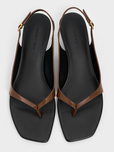 Square-Toe Kitten-Heel Thong Sandals, Brown, hi-res
