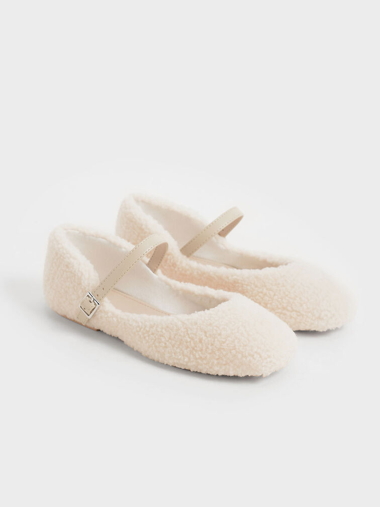 Girls' Furry Mary Jane Flats, Chalk, hi-res