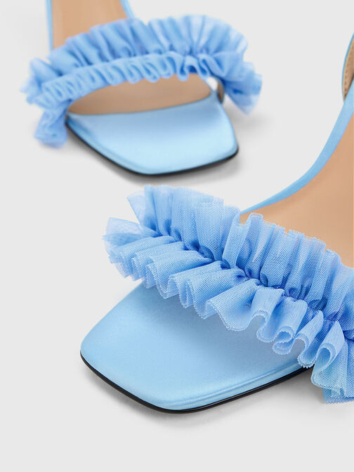 Recycled Polyester Ruffled Mesh Heeled Sandals, Blue, hi-res