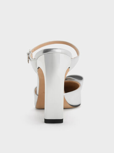 Lu Metallic Leather Bow Blade-Heel Mules, Silver, hi-res