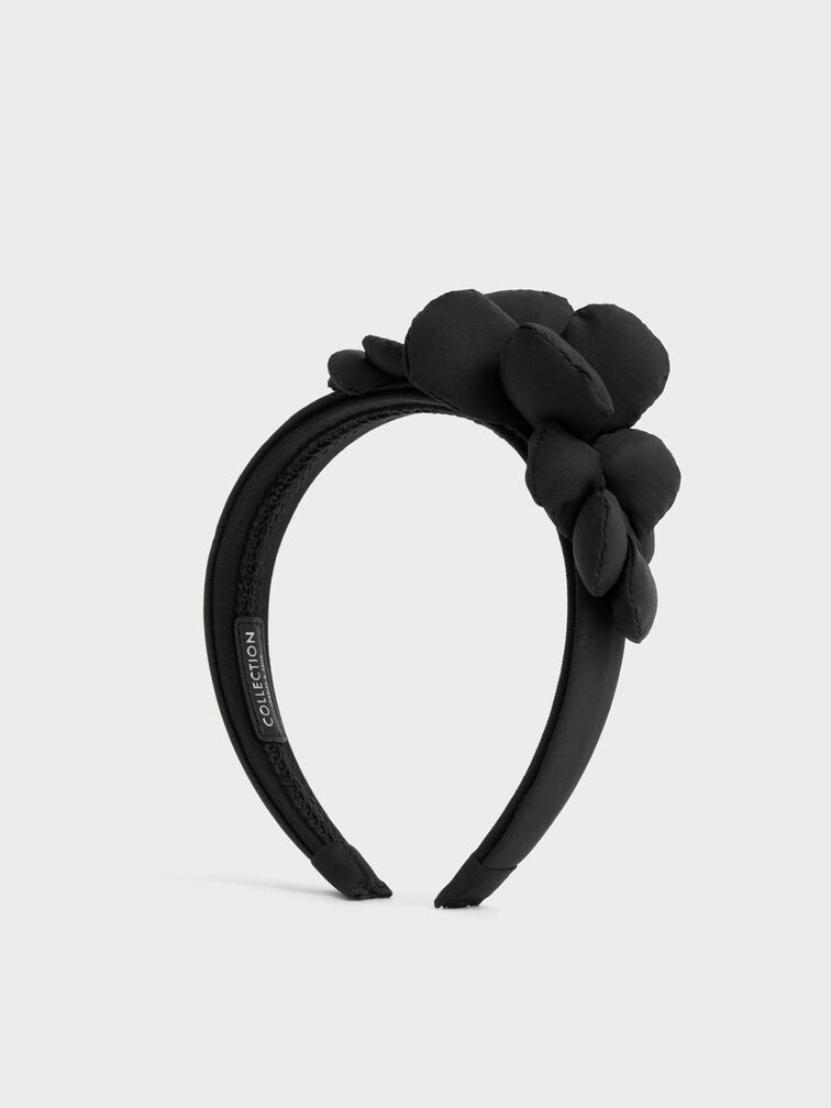 Flower-Embellished Hair Band, Black, hi-res