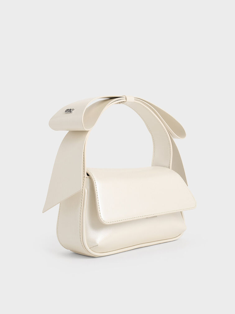 Bolso de cuero con asa superior y lazo, Blanco, hi-res