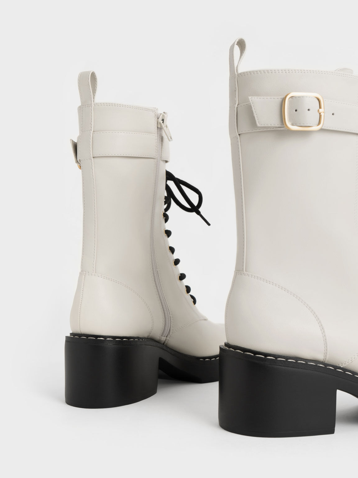 Buckled Lace-Up Platform Boots, Chalk, hi-res