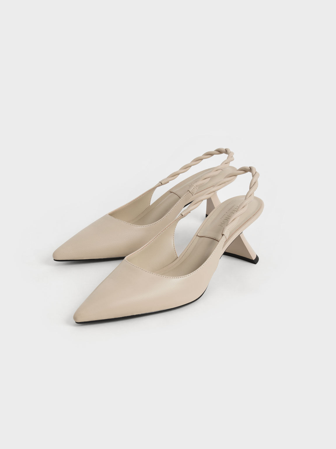 Leather Braided Slingback Pumps, Beige, hi-res