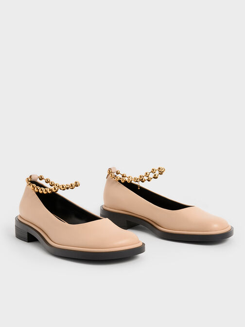 Beaded Ankle-Strap Leather Ballerinas, Sand, hi-res