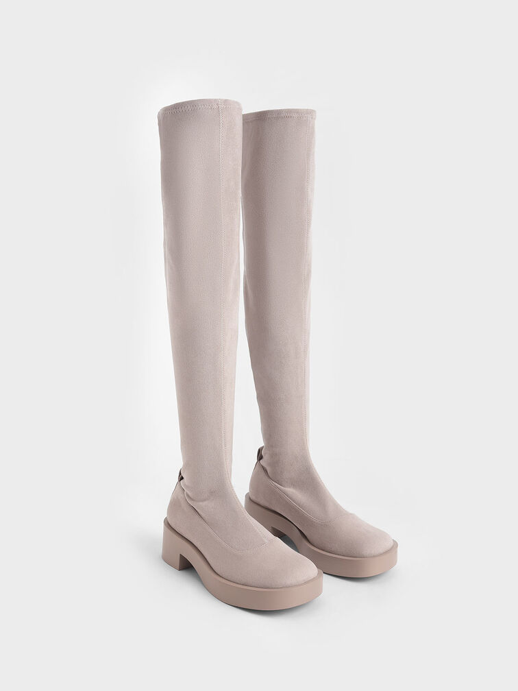 Textured Thigh-High Block Heel Boots, Taupe, hi-res