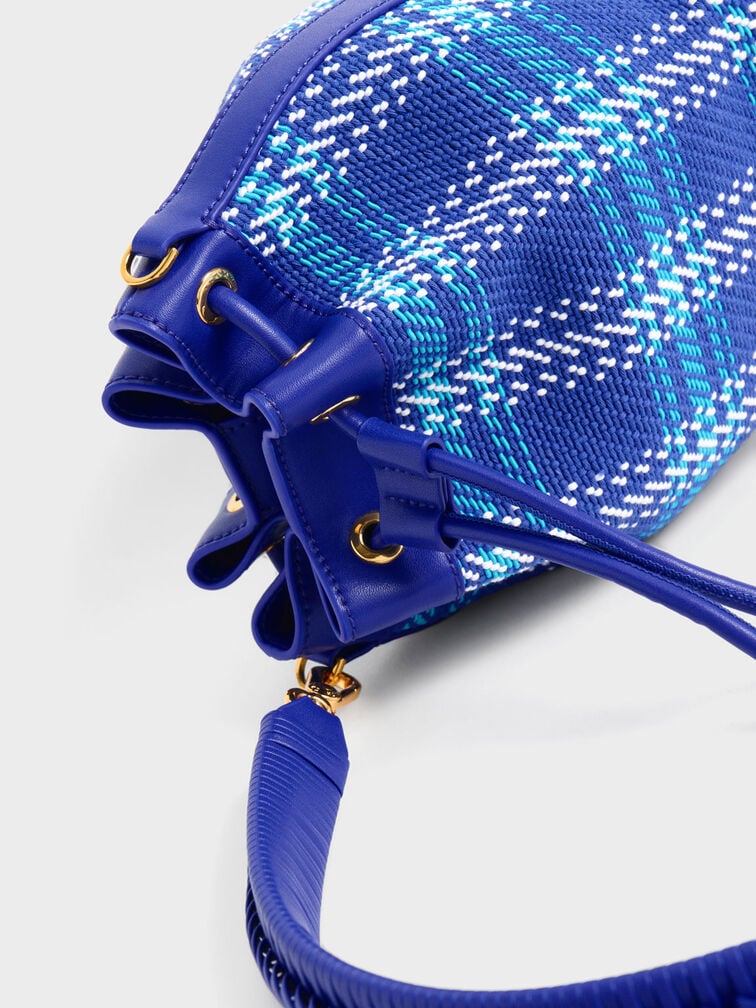 Tweed Braided-Handle Drawstring Bucket Bag, Cobalt, hi-res