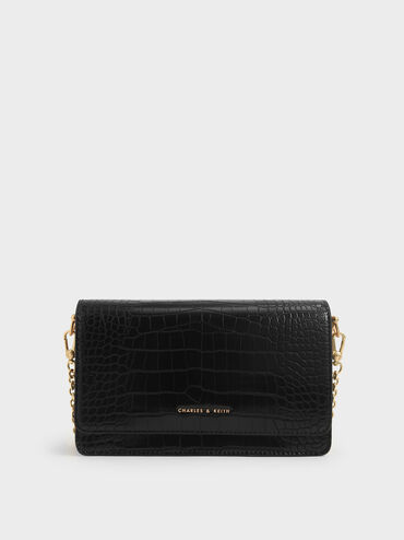 Croc-Effect Clutch, Black, hi-res