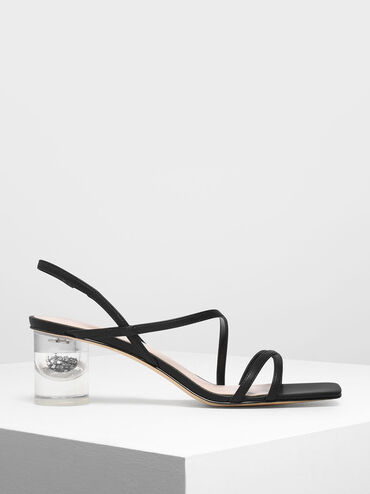 Asymmetric Strap Lucite Heel Sandals, Black, hi-res