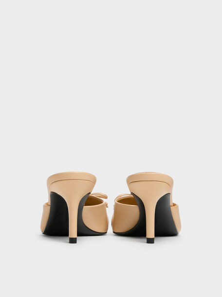 Ruched Bow Pointed Heeled Mules, Sand, hi-res