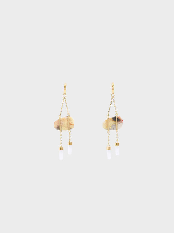 Crazy Agate Stone Dangle Earrings, Gold, hi-res