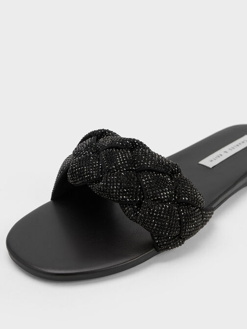 Gem-Embellished Braided Strap Slides, Black, hi-res