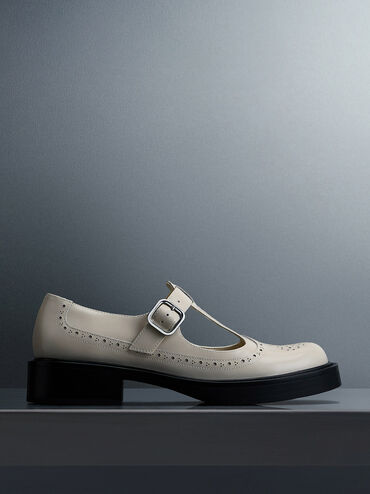 Brogue Leather T-Bar Mary Janes, Chalk, hi-res