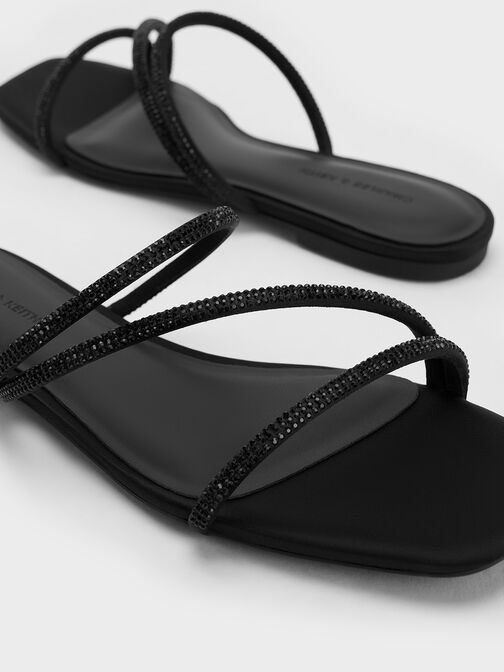 Sandalias de satín con tiras adornadas con pedrería, Negro texturizado, hi-res