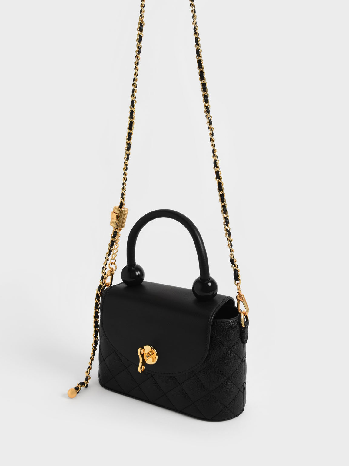 Round Quilted Top Handle Bag, Black, hi-res