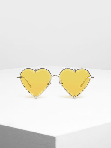 Thin Metal Frame Heart-Shaped Sunglasses, Yellow, hi-res