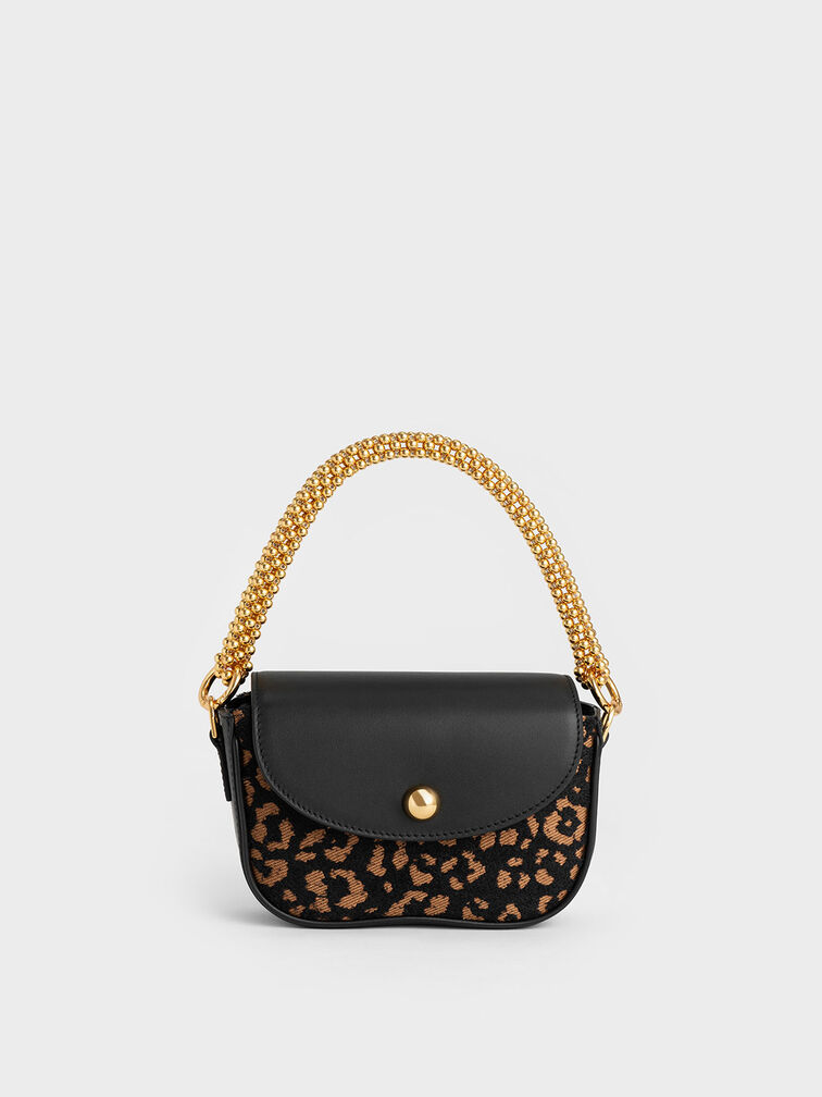 Beaded Metallic Handle Sculptural Bag, Animal Print Black, hi-res