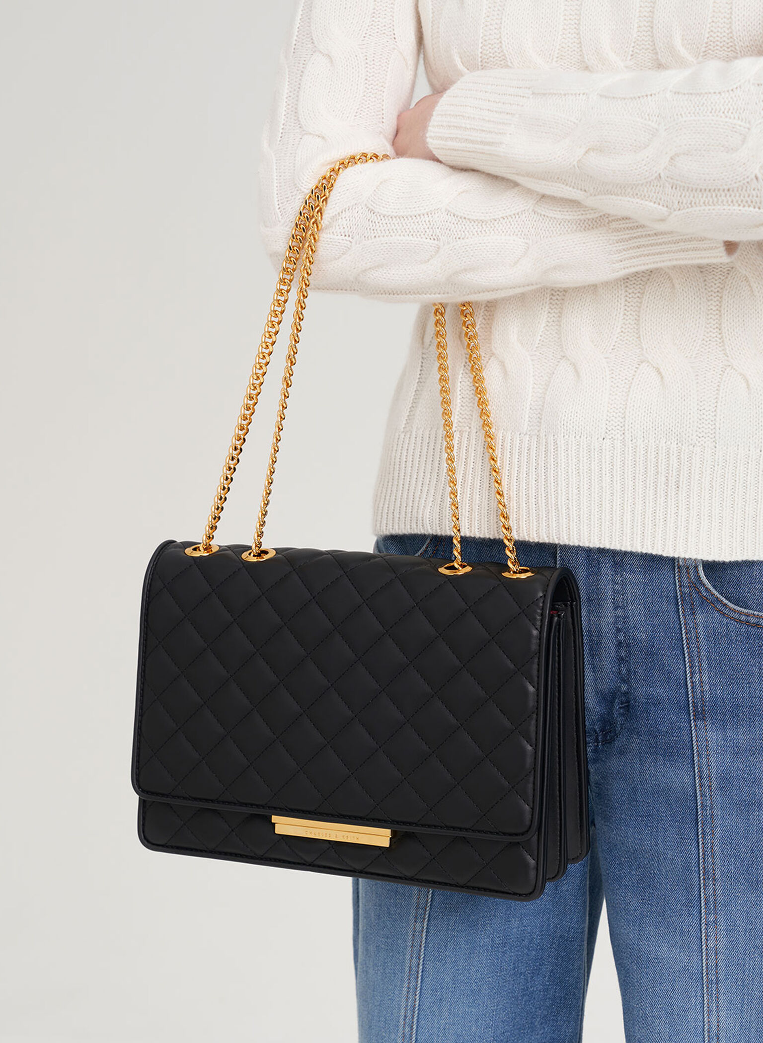 Black Push-Lock Quilted Crossbody Bag - CHARLES & KEITH MY