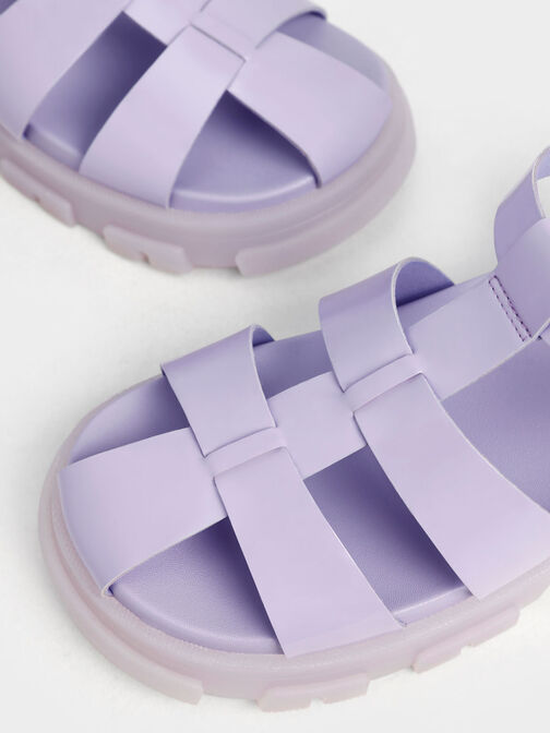 Girls' Patent Caged Sandals, Lilac, hi-res