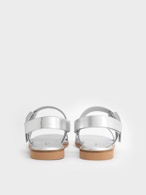 Girls' Yvette Metallic Double Strap Sandals, Silver, hi-res