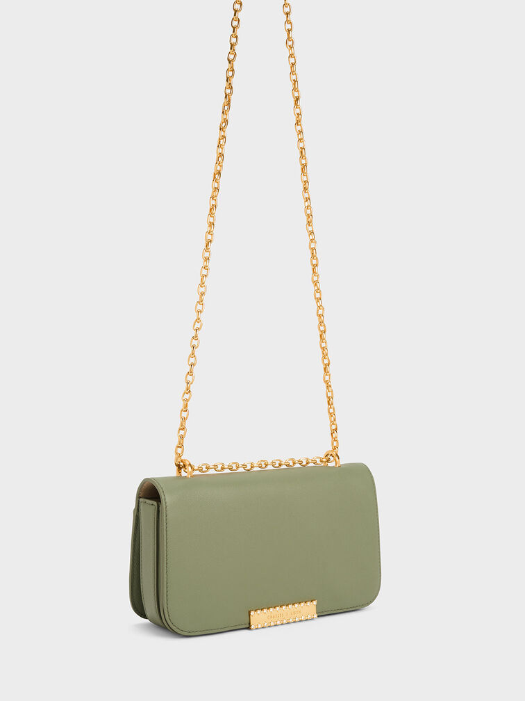Bolso de Cuero Estampado con Correa de Cadena, Verde salvia, hi-res