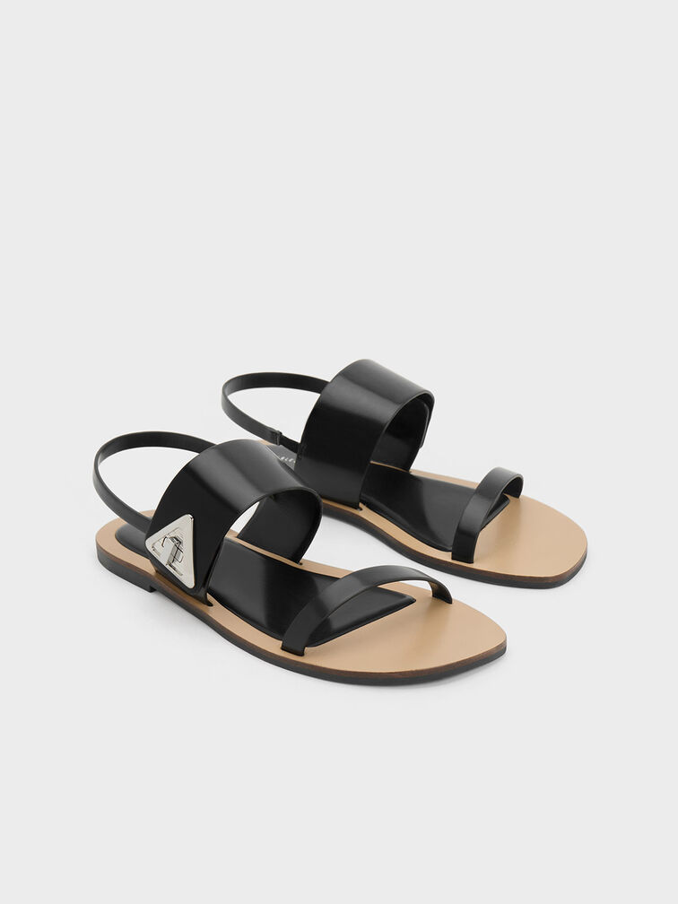 Black Trice Metallic Accent Double Strap Sandals - CHARLES & KEITH US