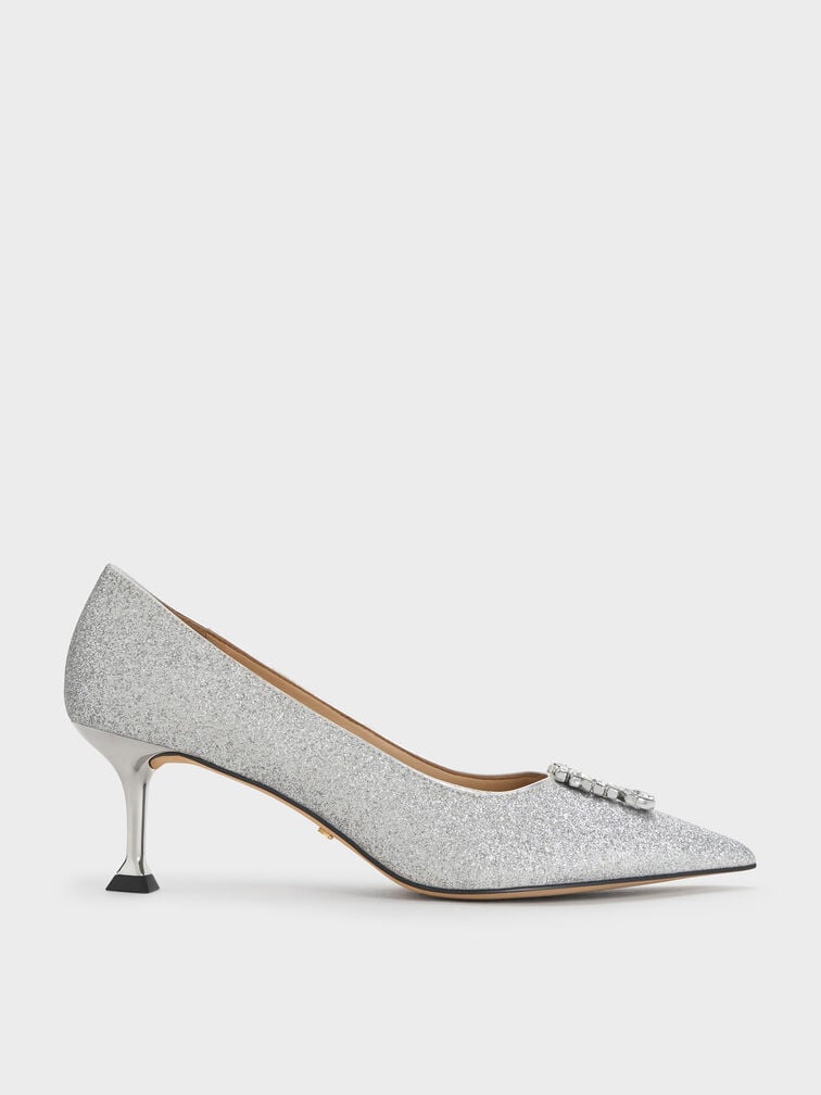 Ever Glittered Gem-Embellished Kitten Heel Pumps, Silver, hi-res