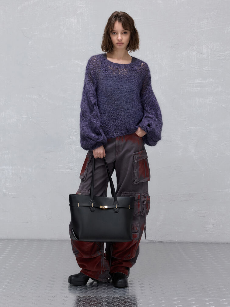 Arlet 釦帶托特包, 黑色, hi-res