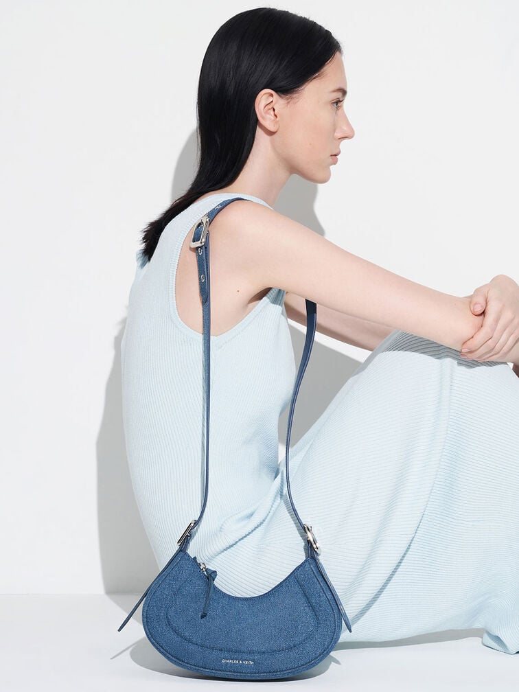 Petra Denim Curved Shoulder Bag, Denim Blue, hi-res