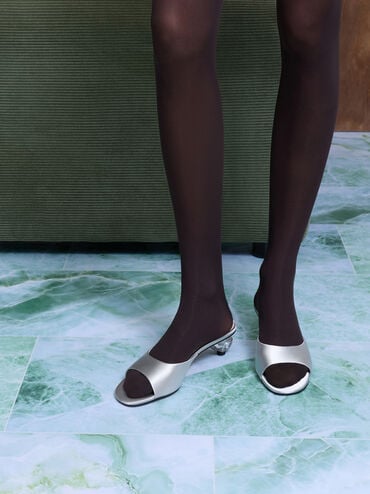 Satin Crystal-Heel Mules, Silver, hi-res