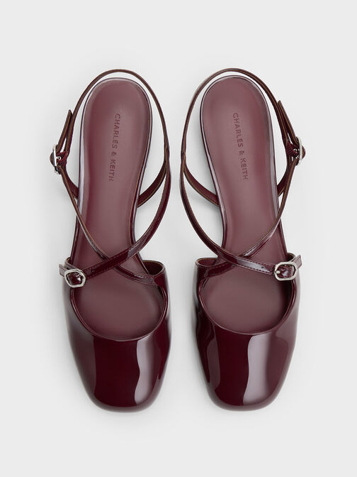 Slingbacks planos de charol con hebilla cruzada, Burgundy, hi-res