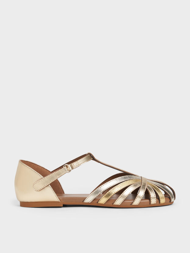 Girls' Metallic Caged T-Bar Sandals, Gold, hi-res