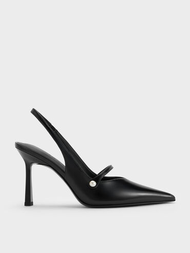 Zapatos de salón Helena con punta en punta y hebilla de perla, Negro pulido, hi-res