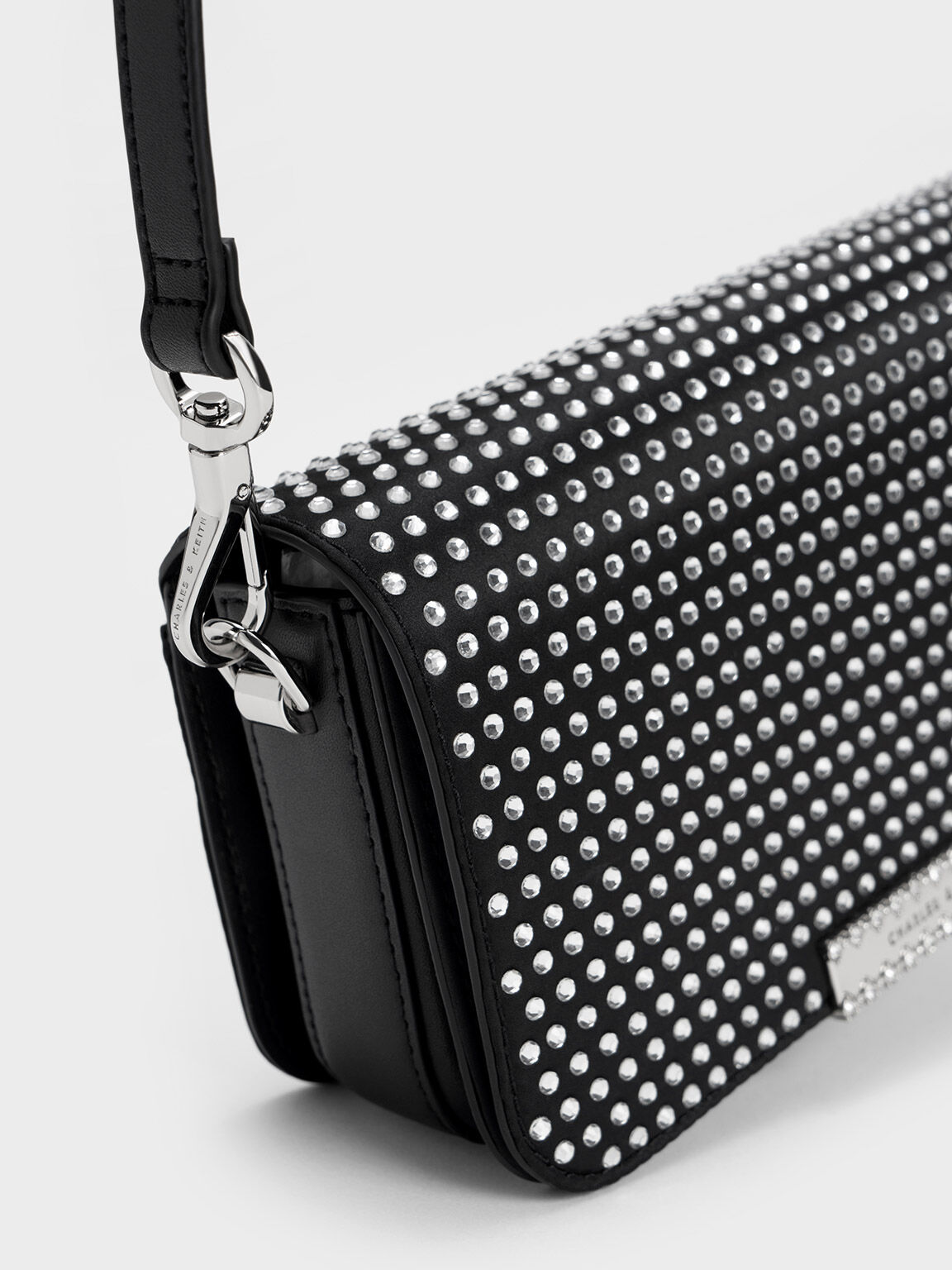 Crystal-Embellished Chain Strap Bag, Black, hi-res