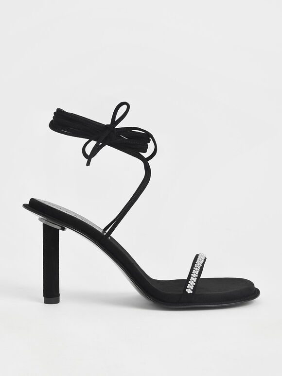 Gem-Embellished Tie-Around Stiletto Sandals, Black, hi-res