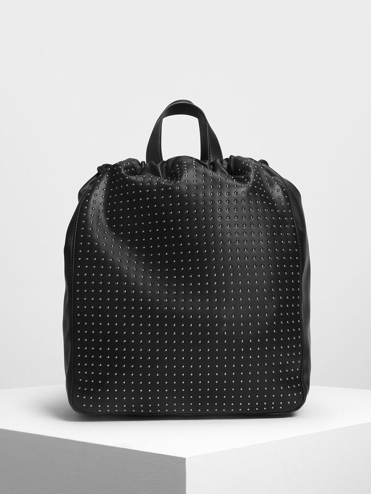 Micro Stud Drawstring Backpack, Black, hi-res