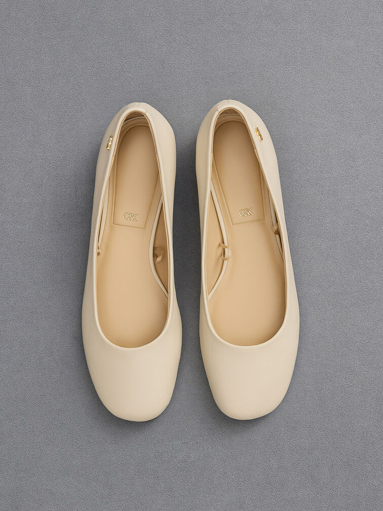 Leather Monogram Tie-Around Ballet Flats, Chalk, hi-res