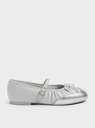 Girls' Satin Pearlescent Bow Mary Jane Flats, Silver, hi-res
