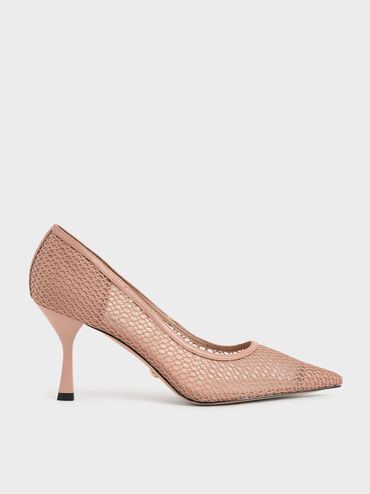 Leather Mesh Pumps, Nude, hi-res