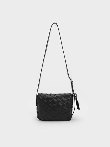 Bolso entrelazado tipo bandolera con solapa delante Ivette, Noir, hi-res