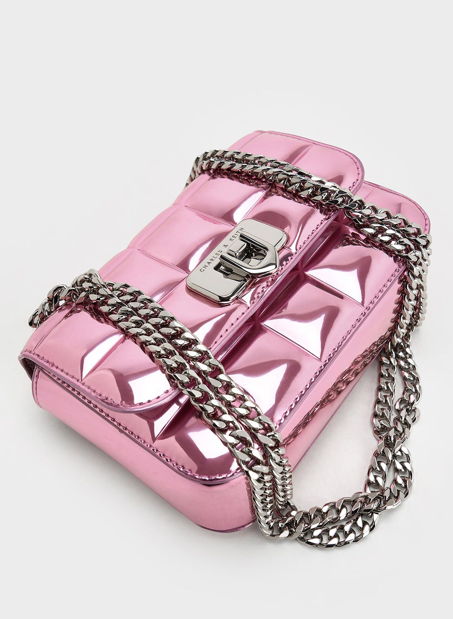 Metallic Square-Quilted Chain-Handle Bag, Pink, hi-res