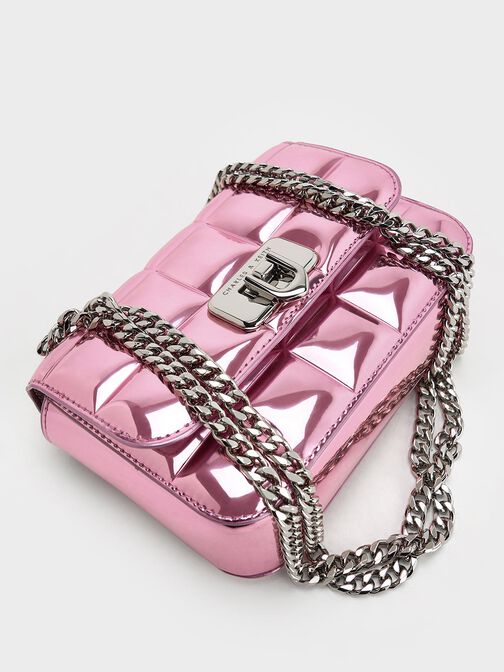 Metallic Square-Quilted Chain-Handle Bag, Pink, hi-res