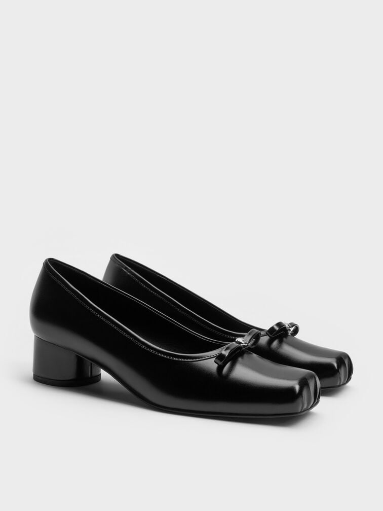 Bow Metallic-Accent Square-Toe Block-Heel Pumps, Black, hi-res